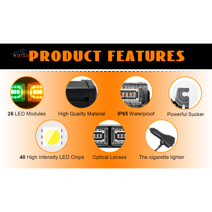 AAT-FE208 New Car Interior LED Dash Strobe Lights Windshield Emergency Flashing Lamps Warning Light Bar Suction Cups Mount
