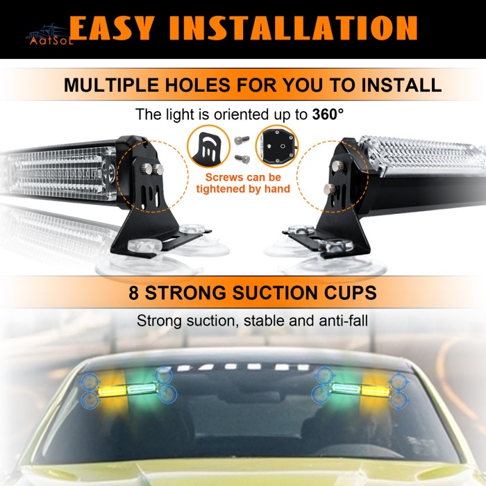 AAT-FE208 New Car Interior LED Dash Strobe Lights Windshield Emergency Flashing Lamps Warning Light Bar Suction Cups Mount